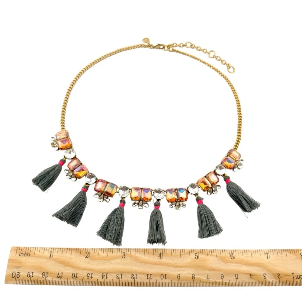 J. Crew Gold Necklace with Peach Rhinestones and Gray Tassels